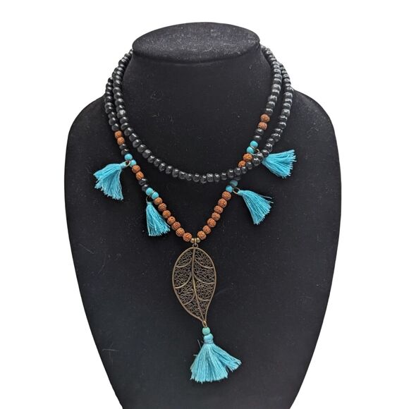 Vintage 1960s Turquoise Tassel Beaded Boho Necklace Feather Pendant - Picture 1 of 4